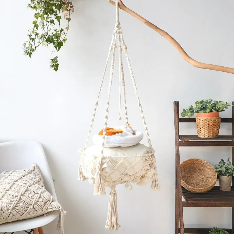Handcrafted Cotton Rope Winter Pet Hammock for Cats - Indoor Hanging Basket and Nesting Den