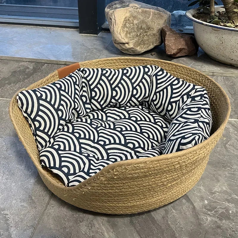 Luxury Bamboo Woven Pet Bed with Waterproof Removable Cushion for Cats and Dogs - All-Season Comfort Nest