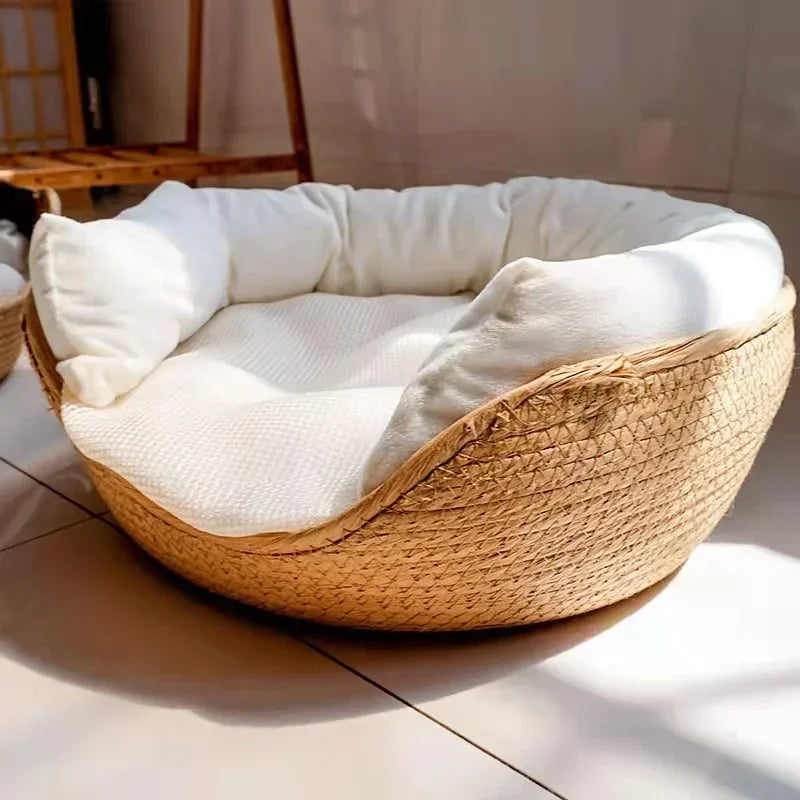 Luxury Bamboo Woven Pet Bed with Waterproof Removable Cushion for Cats and Dogs - All-Season Comfort Nest