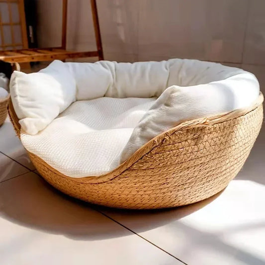 Luxury Bamboo Woven Pet Bed with Waterproof Removable Cushion for Cats and Dogs - All-Season Comfort Nest