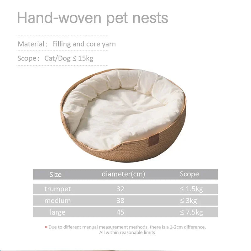 Luxury Bamboo Woven Pet Bed with Waterproof Removable Cushion for Cats and Dogs - All-Season Comfort Nest