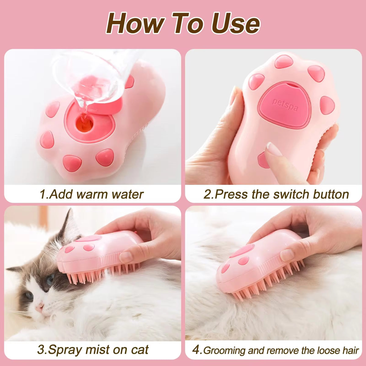 Professional 3-in-1 Electric Pet Grooming Brush with Steam, Spray, and Massage Features for Cats and Dogs