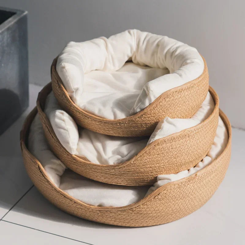 Luxury Bamboo Woven Pet Bed with Waterproof Removable Cushion for Cats and Dogs - All-Season Comfort Nest