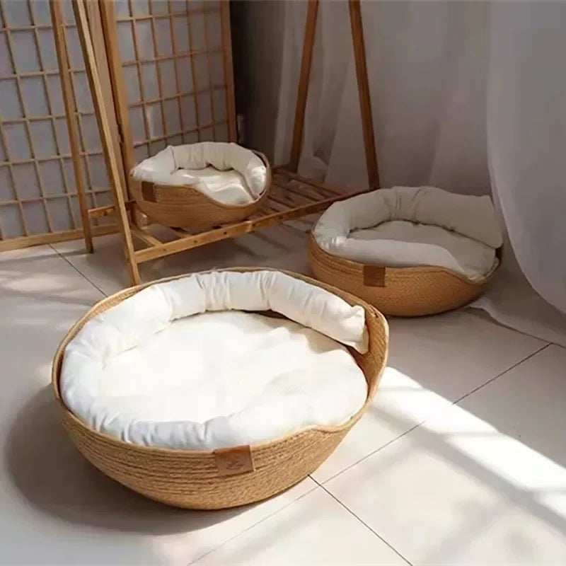 Luxury Bamboo Woven Pet Bed with Waterproof Removable Cushion for Cats and Dogs - All-Season Comfort Nest