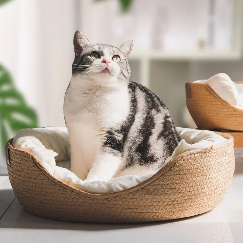 Luxury Bamboo Woven Pet Bed with Waterproof Removable Cushion for Cats and Dogs - All-Season Comfort Nest