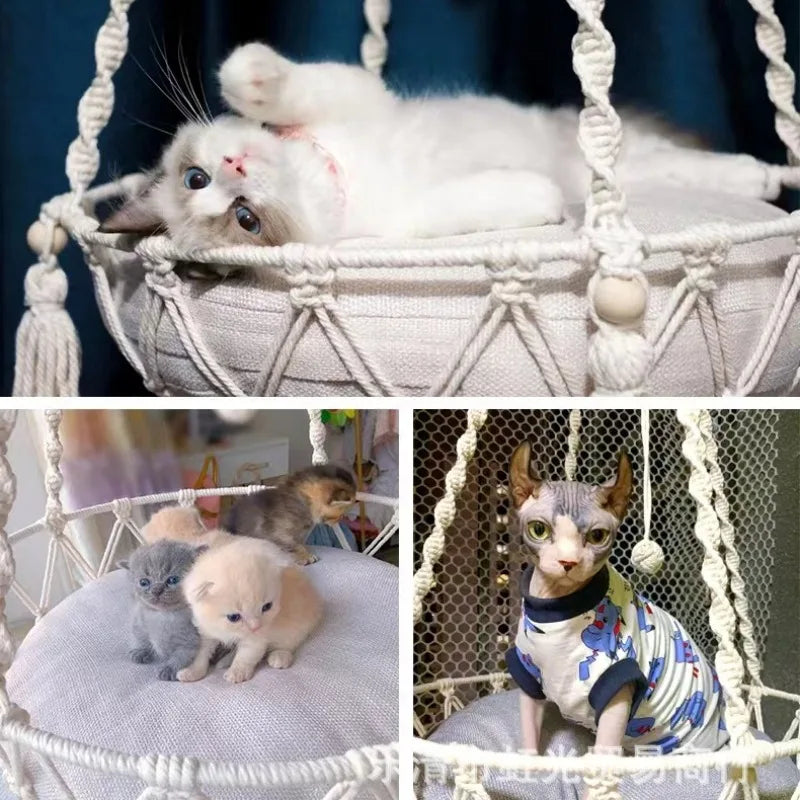 Handcrafted Cotton Rope Winter Pet Hammock for Cats - Indoor Hanging Basket and Nesting Den