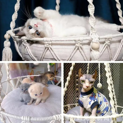 Handcrafted Cotton Rope Winter Pet Hammock for Cats - Indoor Hanging Basket and Nesting Den