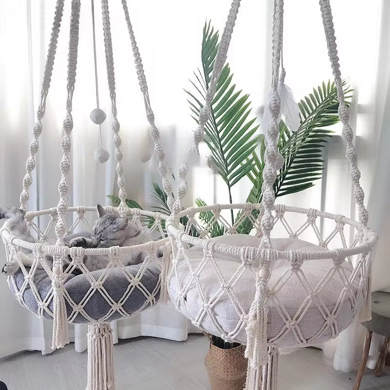 Handcrafted Cotton Rope Winter Pet Hammock for Cats - Indoor Hanging Basket and Nesting Den